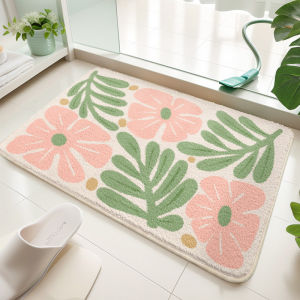 VIKAMA Pink Floral Bath Mat Imitation Cashmere Soft Absorbent Non Slip Flower Leaf Pattern Bathroom Rug Botanical Shower Tub