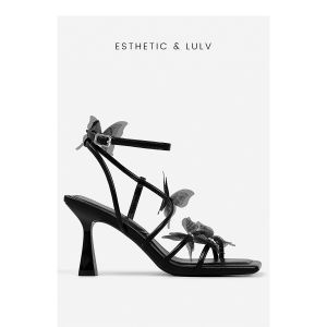Black Butterfly Flower Diamond High Heels Womens Sandals Summer New Fine Heel Open Toe Cross Buckle Strap High Heels