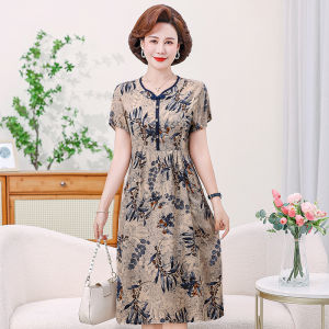 Fashionable Silk Cotton Midi Dress for Women Short Sleeve Vintage Button up Skirt V Neck Floral Print Light Weight Summer Dress