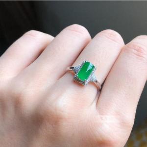 Emerald Jade Rectangular Face Silver Plated Ring Adjustable