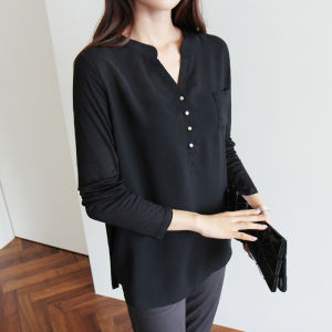 Long Sleeve T-shirt Womens Mid-Length Loose Large Size Spring Wear Underwear Korean Style Chiffon Shirt Womens V Stand Collar Western Style Top