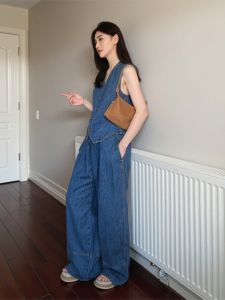 Retro Hong Kong Style Denim Vest And Wide Leg Pants Set Womens Summer New High Quality European Goods Short Top Two Piece Set