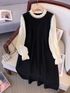 Heavy Embellished Knitted Dress Women Spring Autumn plus Size French Style Base Layer for Coat A-Line Skirt High Waist Long Sleeve