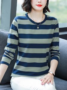 เสื้อผ้าฤดูใบไม้ร่วงเสื้อทีเชิ้ตแขนยาวผ้าฝ้ายแท้ทรงหลวมไซส์ใหญ่ใส่ด้านนอกเสื้อผ้าผู้หญิงชุดฤดูใบไม้ร่วงคุณแม่วัยกลางคนเสื้อตัวในเสื้อสไตล์ตะวันตก