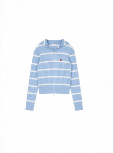 Classic Embroidered Stripe Hooded Zip-up Knit Cardigan Female