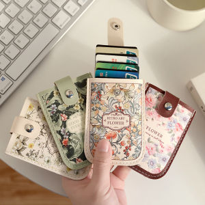 Retro Oil Painting Sliding Drawer Style Ultra-Thin Mini Cartoon Womens Card Holder Purse Compact One-Piece Design
