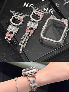 Diamond Kitty Metal Breathable Bracelet Band for Iwatch SE789 Generation Watch Case Set Smartwatch Band Accessories