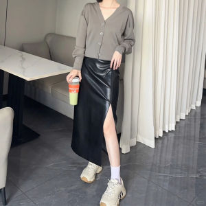 กระโปรงหนัง PU ทรงเอเอวสูง ทรงสลิมฟิต ยาวคลุมเข่า สำหรับผู้หญิง กระโปรงสั้นสไตล์เกาหลี ทรงเข้ารูป
