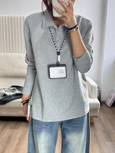 เสื้อโปโลแขนยาวผู้ชายสีเทาอเมริกันสไตล์ฤดูใบไม้ร่วง คอตตอนอวกาศ คอกลม เสื้อเชิ้ตฐานชั้นใน เสื้อคลุมกันหนาวแบบสวมหัว