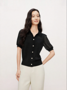 Koradior | Simple Black Short Sleeve Knitted Shirt Patchwork Commuter