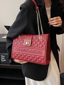 Elegant Red Wedding Womens Tote Bag Large Capacity Single Shoulder Chain Grid Pattern High Quality Soft PU Leather Handbag