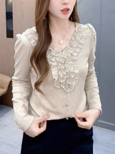 Age-Defying Fashionable French Style Lace Trimmed V-Neck Long Sleeve Plus Size Womens Tunic