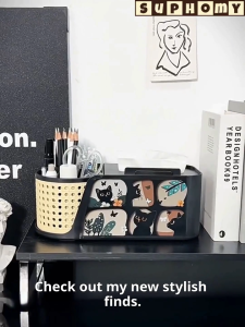 tissue box desktop storage box Bracket stationery rack cosmetic storage box rotating pen holder Multifunctional large capacity cat print Retro style design