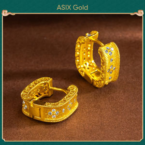 ASIX GOLD 916 gold geometric cut-out design square zirconia stud earrings 24K Gold Plated 18K Gold Korean Fashion Womens Brushed Earrings No allergies Doesnt turn black Exquisite holiday wedding gifts