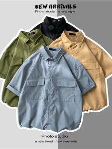 Mens Summer Thin Short Sleeve Work Shirt Casual Loose Couple Outerwear Hong Kong Style Trendy Brand Lightweight Shirt