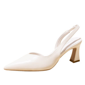 รองเท้าแตะหนังสีดำสำหรับผู้หญิง ทรงหัวแหลม รองเท้าทำงาน ส้นสูง รองเท้าแตะแบบสวมสบายสำหรับใส่ไปทำงาน