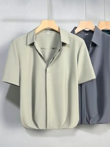 Business Casual Ice Silk Short Sleeve Shirt Mens Summer Thin Loose Drapey Top Pure Color Youth Popular Sharp Collar Shirt