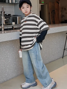 2026 Denim Jeans For Kids Boys 6-15yrs Baggy Pants High Quality Comfortable Fabric New Denim Korean Straight Loose Wide-leg Pants Maong Pants Trendy Street Casual Style