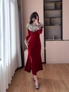 Dazzlin  Spot Gaun Malam Rasa Reka Bentuk Heavy Industry Dress Elegan Gadis Terkenal Golden Velvet Fishtail Dress 6952