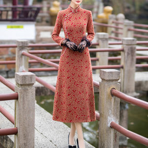 Elegant Chinese Style Long Sleeve Midi Qipao Dress Spring Autumn New Year Mommy Dress Floral Pattern Slanted Button Waistline