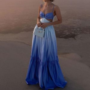 Street Style Gradient Hollow out Sleeveless Camisole Long Dress V-Neck Gown Polyester Fabric Summer Season A-Line Skirt