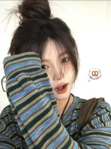 Loose Fit round Neck Long Sleeve Crew Neck Pullover Hoodie Womens stripeDesign Vintage Style Lazy Feel Korean Fashion Casual Top