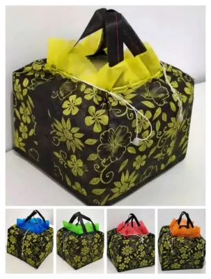 12 pcs Tas Hajatan Kain Spundbond Serut Motif Untuk Kotak Nasi uk. 22x22