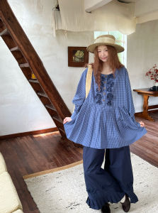 Áo Sơ Mi Cotton Thủ Công Họa Tiết Kẻ Sọc Xanh Tay Rộng in Hoa 3D Áo Sơ Mi Cotton Thường Ngày Mùa Thu 2025 Áo Sơ Mi Nữ