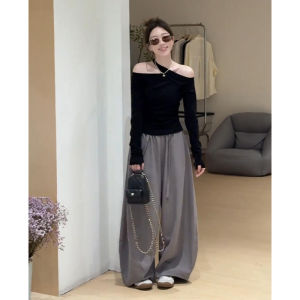 YUEZHONGWEI | French Irregular Off-Shoulder Slit Neck Slim Fit Top