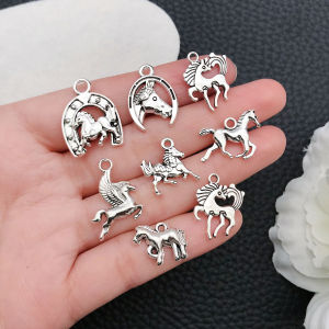 ชุดเสน่ห์ม้าเงินโบราณ 16 ชิ้นชุดสําหรับการทําเครื่องประดับ DIY - สร้อยคอ กําไล และต่างหู