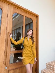 Long Sleeve Collar Button Down Twill Wrap Mini Dress - PIMNADACLOSET - P018-005