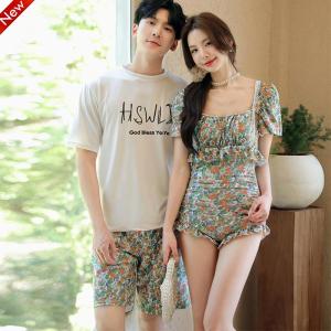 Couples One-Piece Swimsuit Beach Vacation Thermal Spa Mens Beach Pants Floral Print Sweet Girls Short Sleeve Swimsuit