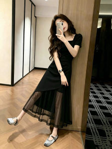 XUECAIQI | Hepburn Style French Square Neck Black Dress