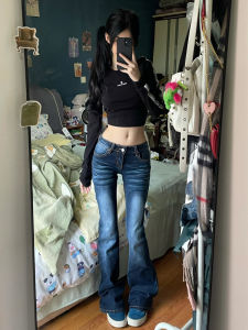 Low Waist Vintage Washed Blue Jeans Womens Classic Retro Design Feel Nostalgic All-Match Long Pants Casual Style