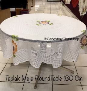 Taplak Meja Tamu / Taplak Meja Makan Bundar 6 Kursi diameter 180 cm Warna Print Cream / BW Bahan Kain Polyester Corak Bunga Pucuk Teratai
