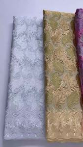 5Yards African Cotton Lace Fabric High Quality Embroidered Leaf Pattern with Stones Nigerian Swiss Voile Cutout Lace For Wedding