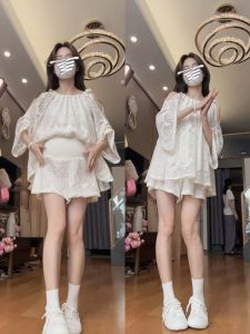 2024 ฤดูร้อนใหม่ชุดคลุมท้องสําหรับหญิงตั้งครรภ์การออกแบบสี Hollow แขนยาวกว้าง-Fit Top กางเกงขาสั้น 2 ชิ้น K-สไตล์ชุด