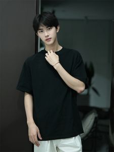 Pure Black T-Shirt Mens 300G Heavy Weight Pure Cotton Small Neckline Shoulder Short Sleeve Summer Slimming Base Half Sleeve Shirt