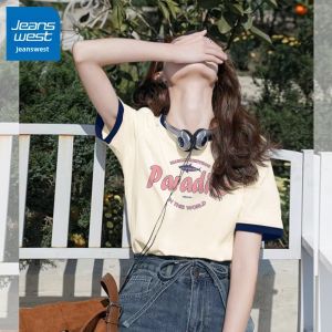 Jeanswest | Contrast Color Short Sleeve T-Shirt for Women Small Frame Rejuvenating Summer