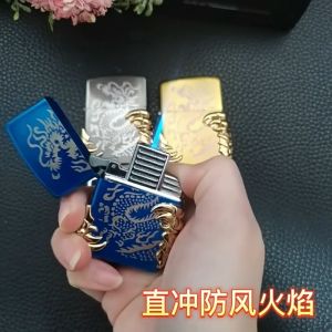 Z 1067 Jet Flame Press On Fire Grinding Wheel Soft Flame Lighter Creative 3D Metal Golden Dragon Refill Gas