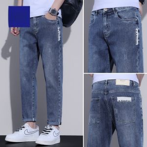 ROMON | Romon Mens Summer Thin Fashion Slim Fit Jeans Elastic Straight Leg Blue Washed Casual Long Trousers Mid Waist Zipper Cotton Blend