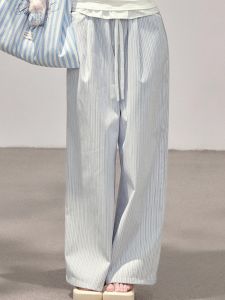 Lighthouse Original Silk Blue Striped Elastic Waist Drawstring Straight Leg Slimming Casual Pants Womens High Waist Straight Leg Pants