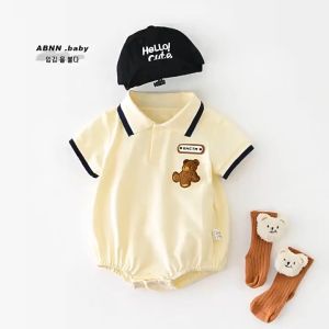 NT baby 086 (สินค้าพร้อมส่ง)ชุดจั๊มสูทรอมเปอร์ แขนสั้น คอปกตัดขอบดำชุดเด็กผู้ชาย ชุดฤดูร้อนสไตล์เกาหลี เสื้อผ้าเด็กอ่อน บอดี้สูท