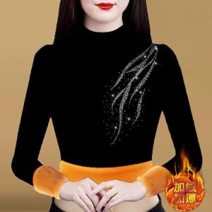 Gold Fleece Lined Long Sleeve Base Shirt Womens Casual Half High Collar Slimming Warm Top Ladys Winter Fashion T-Shirt