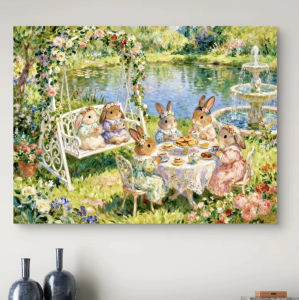 500 1000 1200 2000pcs Jigsaw Puzzle Rabbit Lakeside Tea Party Cute Outdoor Picnic Scene for Adults Brain Teaser Family Game Gift