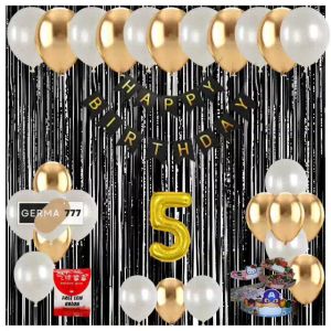 Paket Set Dekorasi Pesta Ulang Tahun Anak Banner Happy Birthday Hitam Balon Putih Gold Ultah Simple