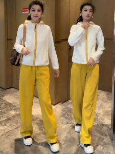 Thickened Fleece Fashion Sports Set Women Autumn Winter New Style Hip Hop Hooded Open Cardigan Sweatshirt Wide Leg Pants Two Piece Set