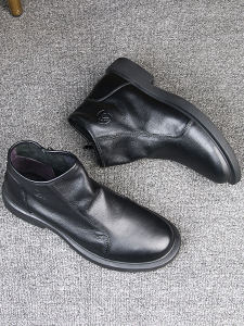 Mens Winter Fleece Lined Chelsea Boots Zipper Leather Shoes Business Casual High Top Cotton Leather Breathable round Toe