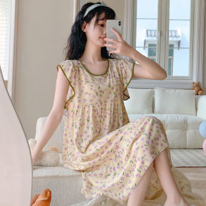 Womens Nightdress for Summer Sleeveless Camisole with Flying Edge Rayon Loose Cotton Silk Dress Homewear Pajamas Can Be Worn outside