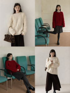 Cantonstory | Áo Sweater Nữ Cổ Tròn Dệt Cable Mỏng Đỏ Cho Mùa Đông